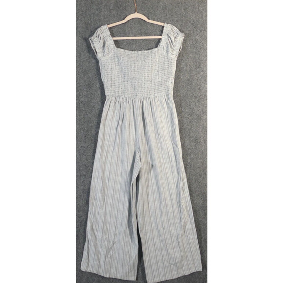Derek Heart Medium Jumpsuit Cropped Short Sleeve Cotton Blend Blue Stripe - Picture 2 of 10